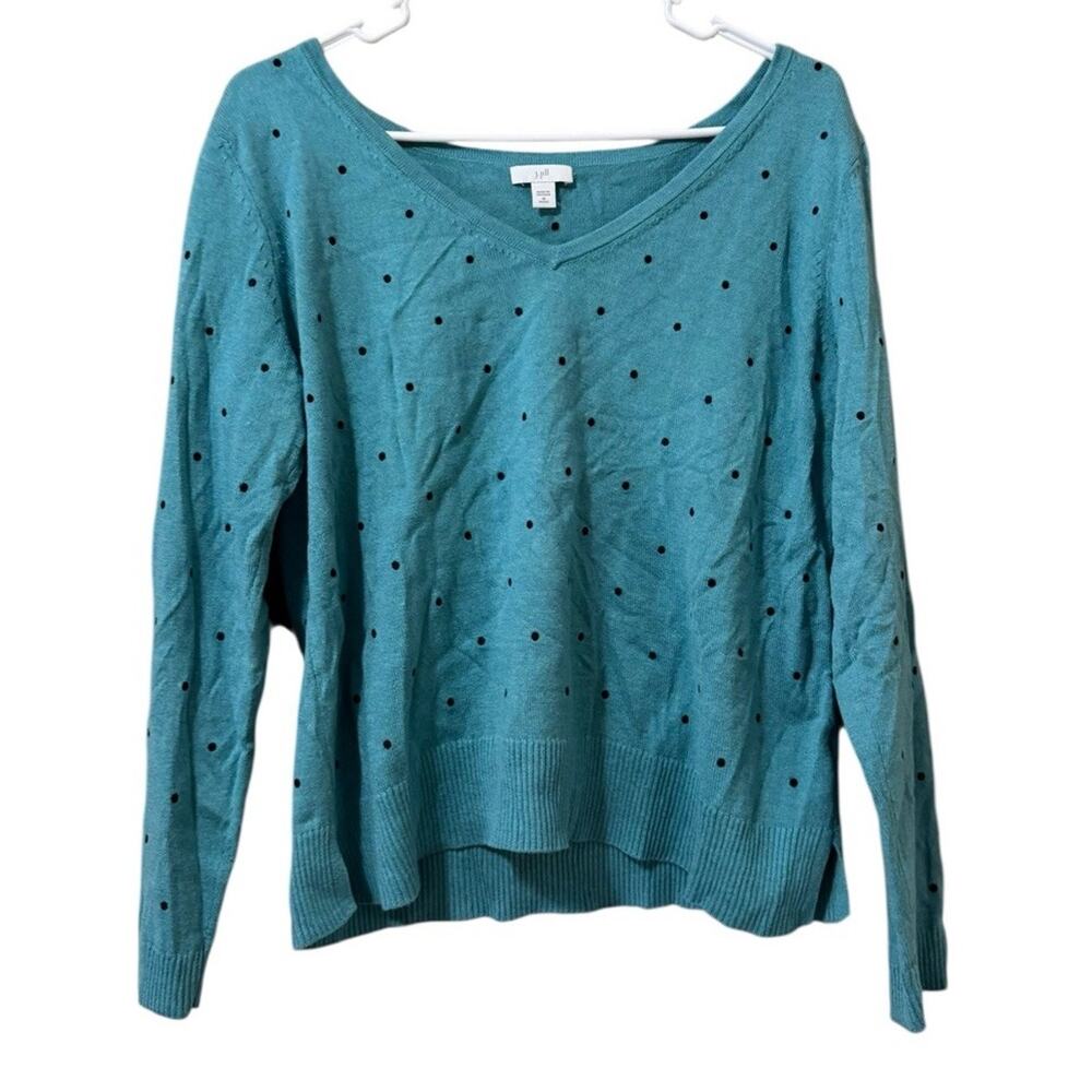 J Jill Sweater Women Size Medium Petite Turquoise Cotton Blend V-Neck Polka Dot